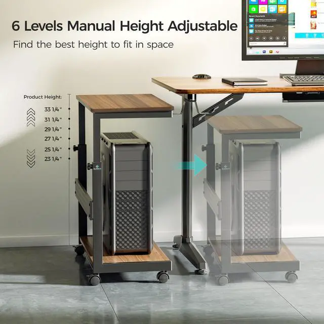 Alt view image 6 of 7 - PC Stand Computer Cart, Height Adjustable Tower Stand 2-Tier Suit for ATX Case Printer, Metal Rolling Cart on Wheels for Gaming Home Office, Walnut