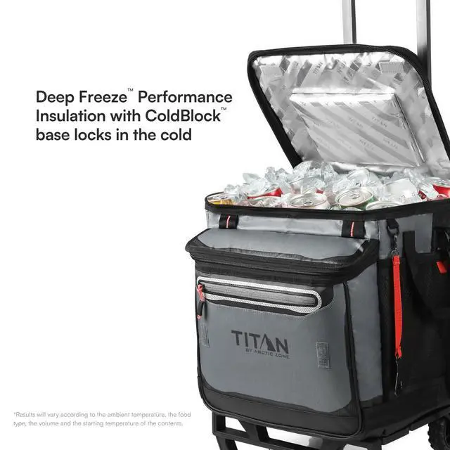Alt view image 2 of 7 - Collapsible Wheeled Soft Sided Cooler with Detachable Rolling AT Cart, Insulated Bag with Leak Proof Lining, for Travel, Beach, Picnic, 60 Can Capacity, Sharkskin Grey