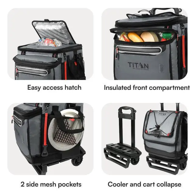 Alt view image 4 of 7 - Collapsible Wheeled Soft Sided Cooler with Detachable Rolling AT Cart, Insulated Bag with Leak Proof Lining, for Travel, Beach, Picnic, 60 Can Capacity, Sharkskin Grey