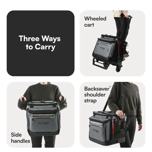 Alt view image 6 of 7 - Collapsible Wheeled Soft Sided Cooler with Detachable Rolling AT Cart, Insulated Bag with Leak Proof Lining, for Travel, Beach, Picnic, 60 Can Capacity, Sharkskin Grey