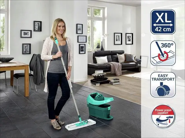 Alt view image 3 of 7 - Floor Cleaning Profi XL Mop and Bucket Set 42 cm Microfibre Mop for Large Floors with 360° Joint, Foot-Pedal Wringing System, Heavy Duty 8 L Bucket, Easy Moist or Wet Cleaning, Turquoise