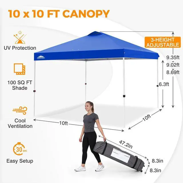 Alt view image 3 of 7 - Pop Up Canopy Tent with Wheeled Carry Bag, 8 Stakes, 4 Ropes, 4 Weight Bags, Easy Set Up Tent Canopy, 10x10 ft, 100sqft of Shade, Blue