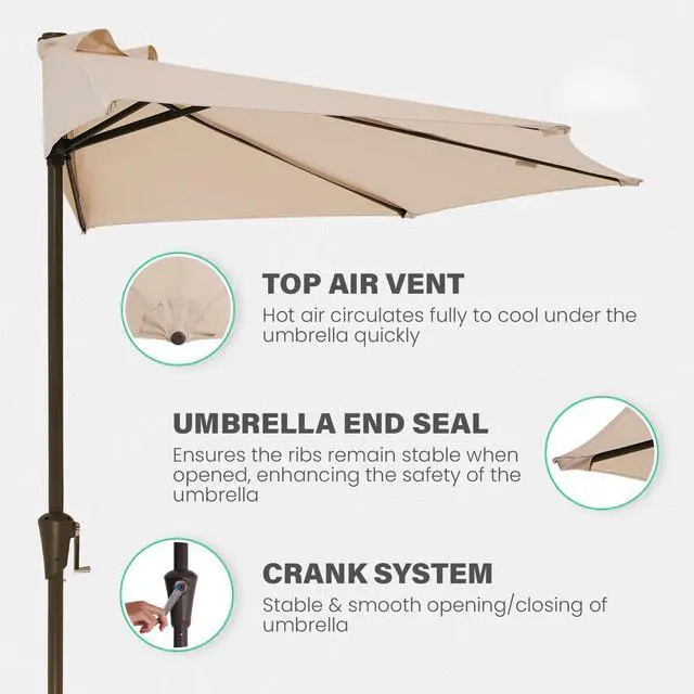 Alt view image 3 of 7 - 9ft Half Umbrella Outdoor Patio Umbrella Market Umbrellas with Crank, 1/2 Round Wall Umbrella 5 Sturdy Ribs UV Protection for Pool Garden Balcony Deck, Beige