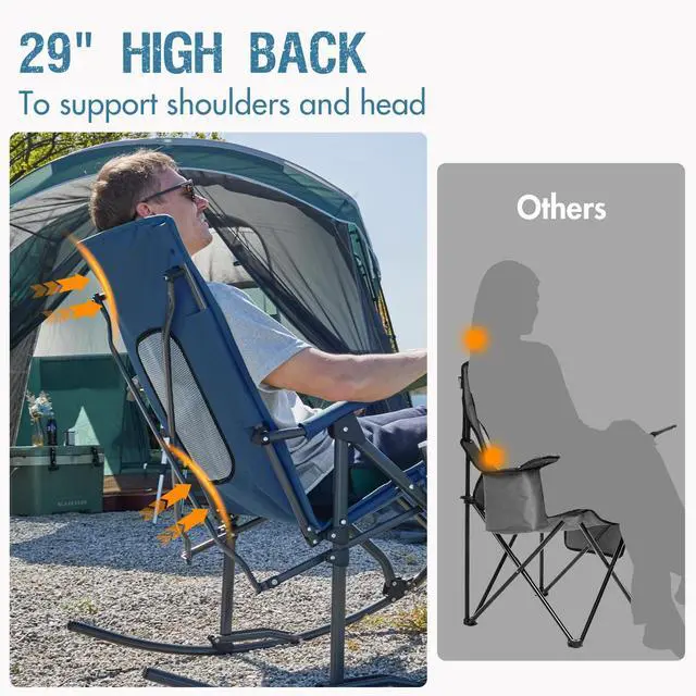Alt view image 2 of 7 - Oversized Folding Rocking Camping Chair Portable Outdoor Rocker with High Back Hard Armrests Carry Bag, Supports 400 lbs, Mesh Back, Blue