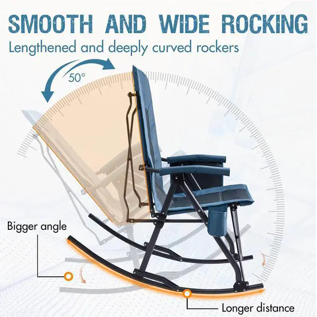 Alt view image 3 of 7 - Oversized Folding Rocking Camping Chair Portable Outdoor Rocker with High Back Hard Armrests Carry Bag, Supports 400 lbs, Mesh Back, Blue