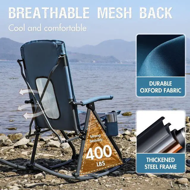 Alt view image 4 of 7 - Oversized Folding Rocking Camping Chair Portable Outdoor Rocker with High Back Hard Armrests Carry Bag, Supports 400 lbs, Mesh Back, Blue