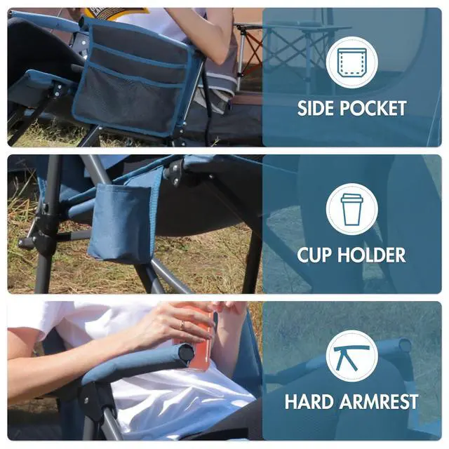 Alt view image 5 of 7 - Oversized Folding Rocking Camping Chair Portable Outdoor Rocker with High Back Hard Armrests Carry Bag, Supports 400 lbs, Mesh Back, Blue