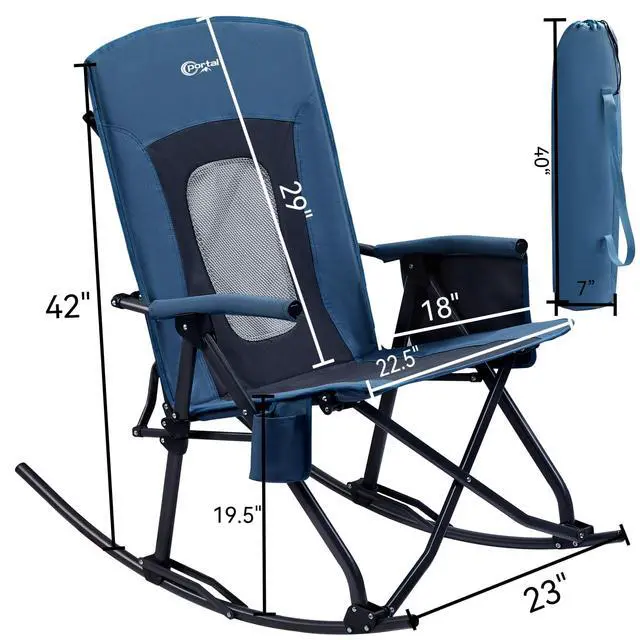 Alt view image 6 of 7 - Oversized Folding Rocking Camping Chair Portable Outdoor Rocker with High Back Hard Armrests Carry Bag, Supports 400 lbs, Mesh Back, Blue