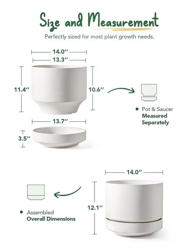Alt view image 3 of 6 - 12 Inch Pots for Plants with Saucer | Ceramic Outdoor & Indoor Planter Pot for Plants | Drainage Hole, Mesh Pad | Unglazed Porous | Modern for Home, Office and Patio Chalk White