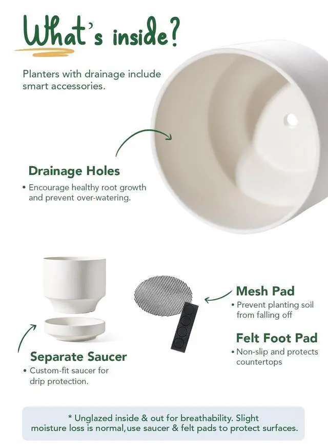 Alt view image 4 of 6 - 12 Inch Pots for Plants with Saucer | Ceramic Outdoor & Indoor Planter Pot for Plants | Drainage Hole, Mesh Pad | Unglazed Porous | Modern for Home, Office and Patio Chalk White