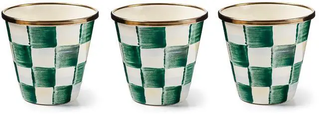 Main image of Enamel Herb Pots, Small Plant Pots for Herbs or Flowers, Set of 3, Green-and-White Emerald Check