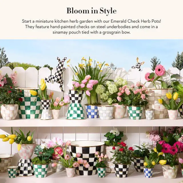 Alt view image 2 of 5 - Enamel Herb Pots, Small Plant Pots for Herbs or Flowers, Set of 3, Green-and-White Emerald Check