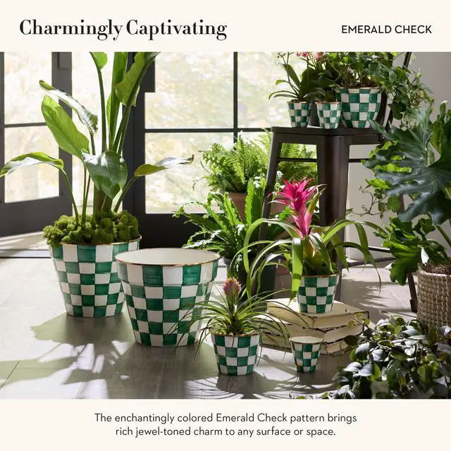 Alt view image 3 of 5 - Enamel Herb Pots, Small Plant Pots for Herbs or Flowers, Set of 3, Green-and-White Emerald Check
