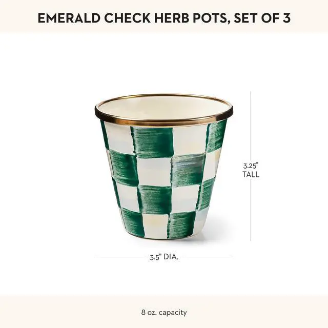 Alt view image 4 of 5 - Enamel Herb Pots, Small Plant Pots for Herbs or Flowers, Set of 3, Green-and-White Emerald Check