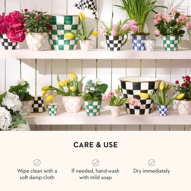 Alt view image 5 of 5 - Enamel Herb Pots, Small Plant Pots for Herbs or Flowers, Set of 3, Green-and-White Emerald Check