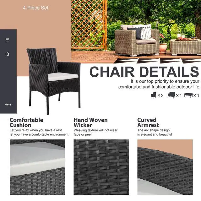 Alt view image 2 of 4 - 4 Piece Outdoor Patio Furniture Sets, Small Wicker Patio Conversation Furniture Rattan Chair Set with Tempered Glass Coffee Table for Backyard Porch Garden Poolside Balcony,Black