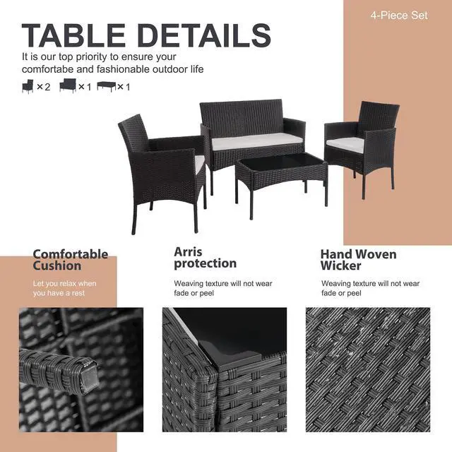 Alt view image 3 of 4 - 4 Piece Outdoor Patio Furniture Sets, Small Wicker Patio Conversation Furniture Rattan Chair Set with Tempered Glass Coffee Table for Backyard Porch Garden Poolside Balcony,Black