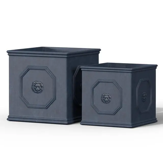 Main image of Square Lion Head Concrete Planter Set of 2, Classic English Style Plant Pot with Drainage Hole and Rubber Plug for Indoor Outdoor, 10.2"x10.2"x10.2" and 12.6"x12.6"x12.6" Antique Gray