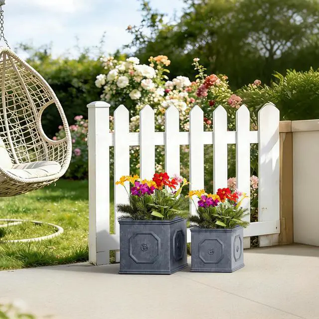 Alt view image 6 of 7 - Square Lion Head Concrete Planter Set of 2, Classic English Style Plant Pot with Drainage Hole and Rubber Plug for Indoor Outdoor, 10.2"x10.2"x10.2" and 12.6"x12.6"x12.6" Antique Gray