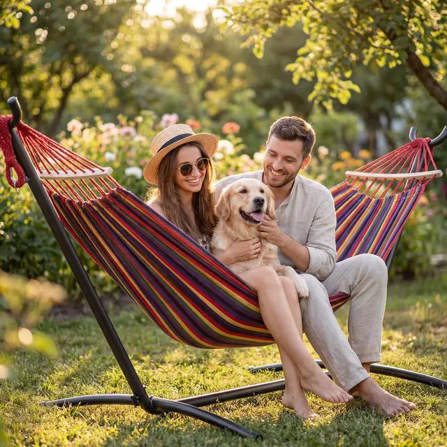 Alt view image 2 of 7 - Double Hammock with Stand, 2 Person Heavy Duty Hammock with Steel Stand, 600 lbs Capacity Cotton Hammock for Outdoor Indoor Patio Yard, Portable with Carrying Bag, Tool-Free 10-Min Assembly