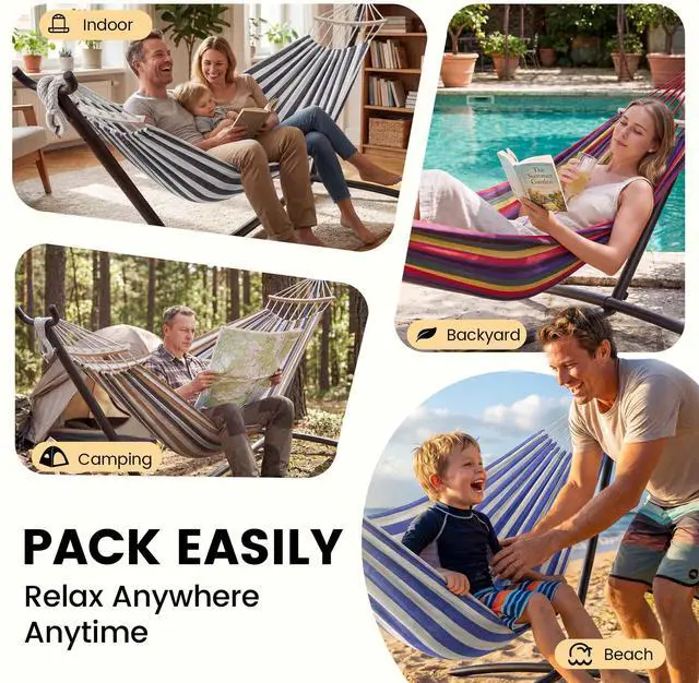 Alt view image 5 of 7 - Double Hammock with Stand, 2 Person Heavy Duty Hammock with Steel Stand, 600 lbs Capacity Cotton Hammock for Outdoor Indoor Patio Yard, Portable with Carrying Bag, Tool-Free 10-Min Assembly