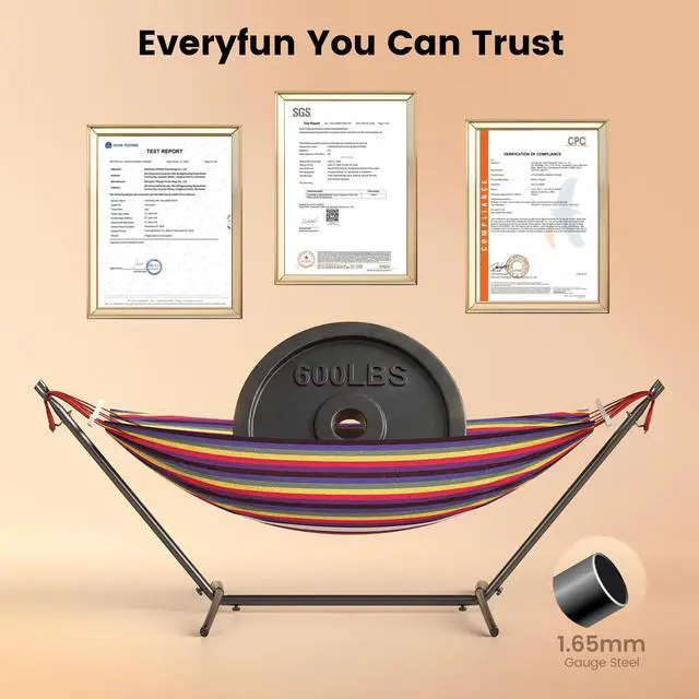 Alt view image 6 of 7 - Double Hammock with Stand, 2 Person Heavy Duty Hammock with Steel Stand, 600 lbs Capacity Cotton Hammock for Outdoor Indoor Patio Yard, Portable with Carrying Bag, Tool-Free 10-Min Assembly