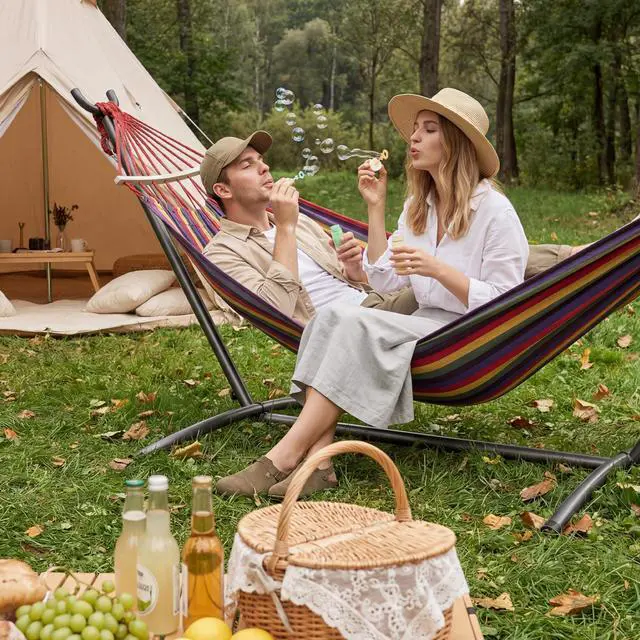 Alt view image 7 of 7 - Double Hammock with Stand, 2 Person Heavy Duty Hammock with Steel Stand, 600 lbs Capacity Cotton Hammock for Outdoor Indoor Patio Yard, Portable with Carrying Bag, Tool-Free 10-Min Assembly