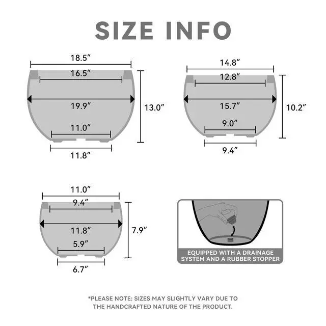 Alt view image 2 of 7 - 19.9",15.7",11.8" Dia Round Concrete Planter Set of 3, Outdoor/Indoor Large Bowl Plant Pots with Drainage Hole and Rubber Plug for Garden Patio Balcony Home, Weathered Concrete