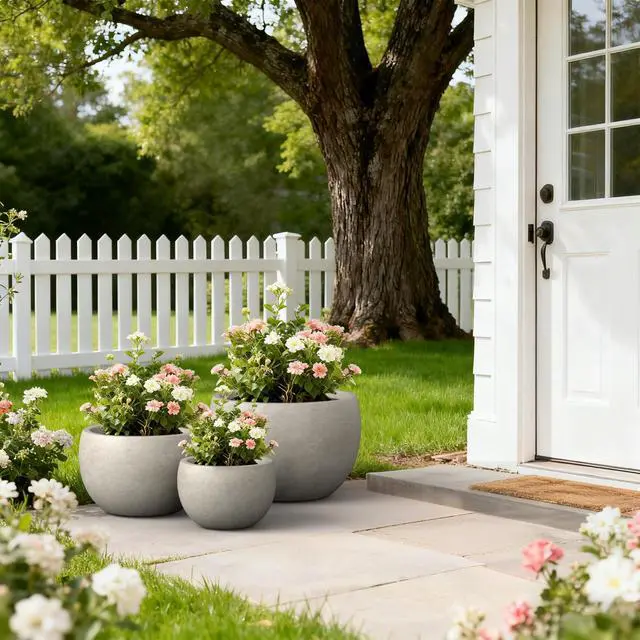 Alt view image 4 of 7 - 19.9",15.7",11.8" Dia Round Concrete Planter Set of 3, Outdoor/Indoor Large Bowl Plant Pots with Drainage Hole and Rubber Plug for Garden Patio Balcony Home, Weathered Concrete