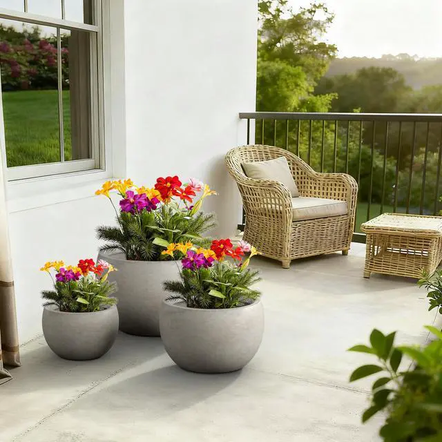 Alt view image 3 of 7 - 19.9",15.7",11.8" Dia Round Concrete Planter Set of 3, Outdoor/Indoor Large Bowl Plant Pots with Drainage Hole and Rubber Plug for Garden Patio Balcony Home, Weathered Concrete