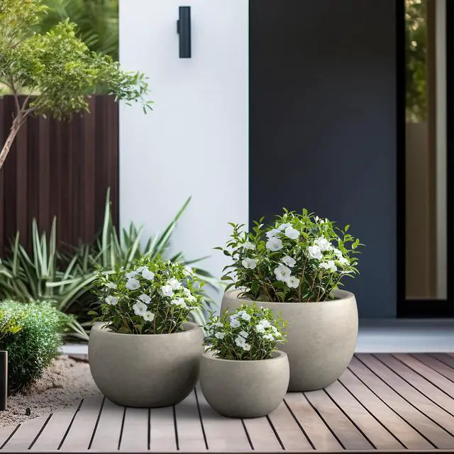 Alt view image 6 of 7 - 19.9",15.7",11.8" Dia Round Concrete Planter Set of 3, Outdoor/Indoor Large Bowl Plant Pots with Drainage Hole and Rubber Plug for Garden Patio Balcony Home, Weathered Concrete