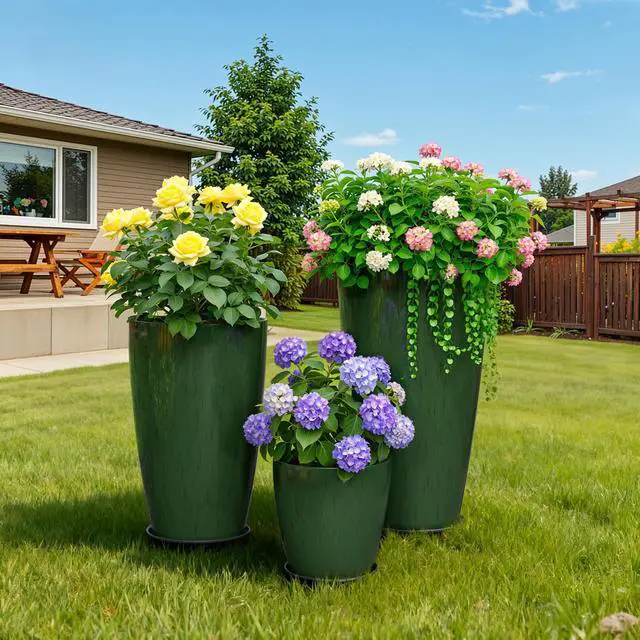 Alt view image 2 of 7 - 24,21,11 inch Large Planters with Drainage Hole & Saucer, Set of 3 Plant Pots Tall Planter for Indoor & Outdoor Plants Home Modern Decor