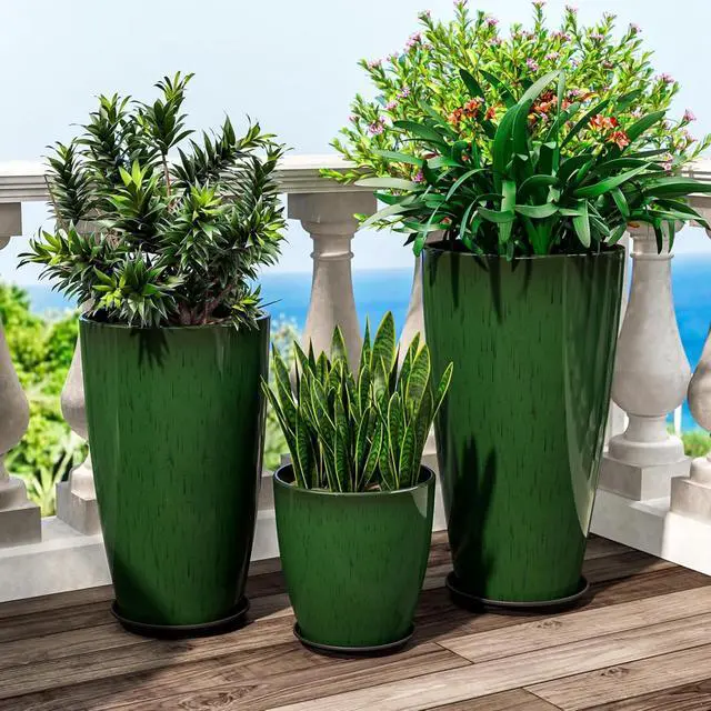 Alt view image 5 of 7 - 24,21,11 inch Large Planters with Drainage Hole & Saucer, Set of 3 Plant Pots Tall Planter for Indoor & Outdoor Plants Home Modern Decor