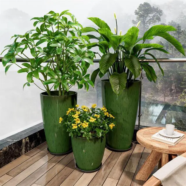 Alt view image 6 of 7 - 24,21,11 inch Large Planters with Drainage Hole & Saucer, Set of 3 Plant Pots Tall Planter for Indoor & Outdoor Plants Home Modern Decor