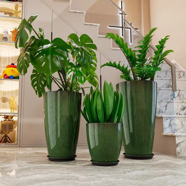 Alt view image 7 of 7 - 24,21,11 inch Large Planters with Drainage Hole & Saucer, Set of 3 Plant Pots Tall Planter for Indoor & Outdoor Plants Home Modern Decor