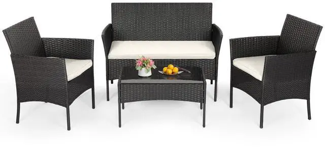 Main image of | 4-Piece Patio Furniture Set | Black | Outdoor Wicker Furniture with Coffee Table | Modern Rattan Chairs Conversation Set | Outdoor Seating | Weather-Resistant | for Porch, Garden, Lawn