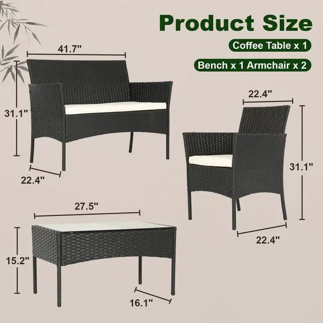 Alt view image 2 of 7 - | 4-Piece Patio Furniture Set | Black | Outdoor Wicker Furniture with Coffee Table | Modern Rattan Chairs Conversation Set | Outdoor Seating | Weather-Resistant | for Porch, Garden, Lawn