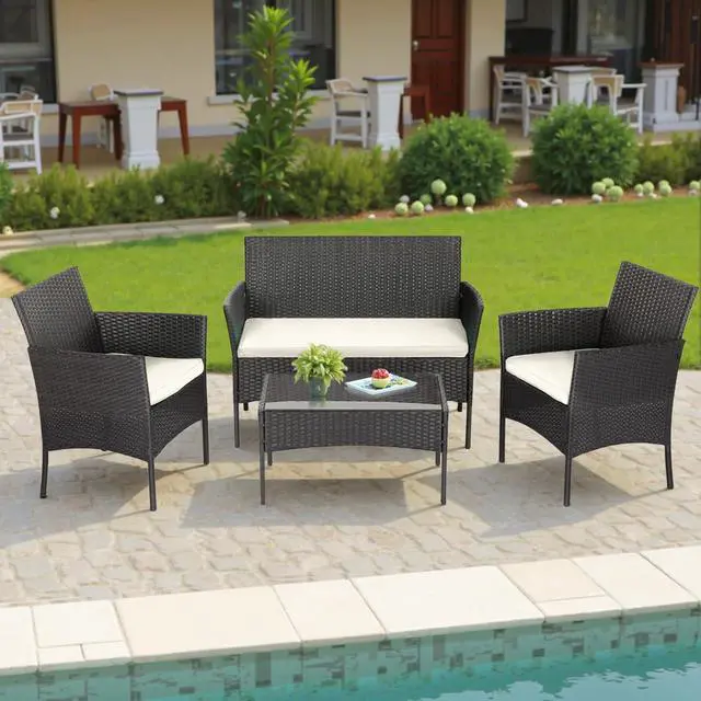 Alt view image 7 of 7 - | 4-Piece Patio Furniture Set | Black | Outdoor Wicker Furniture with Coffee Table | Modern Rattan Chairs Conversation Set | Outdoor Seating | Weather-Resistant | for Porch, Garden, Lawn