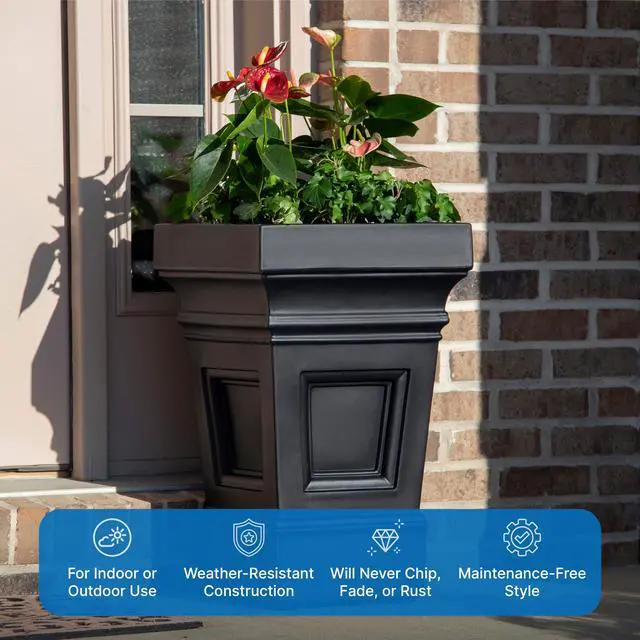 Alt view image 5 of 6 - Atherton Square Planter, Large Planters for Outdoor Plants, Gardening and Flower Pot for Patio or Porch, Efficient Drainage, Durable Plastic, Onyx Black, 2-Pack