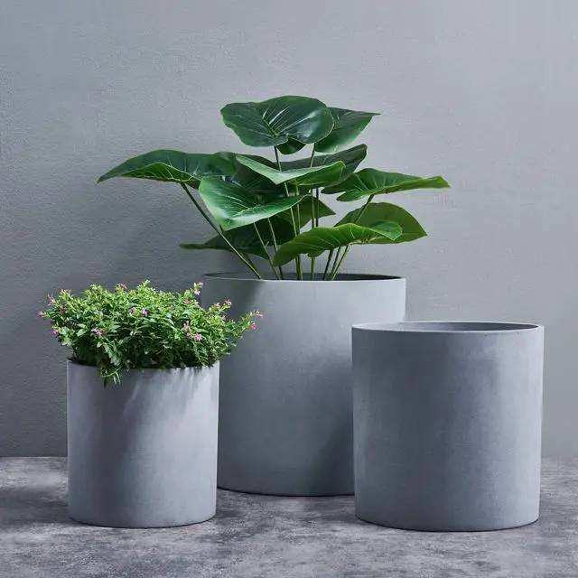 Alt view image 4 of 7 - 14 Inch Fiberstone Planter - Lightweight Modern Cylinder Plant Pot with Drainage Hole & Plug, Authentic Concrete Look, Gray