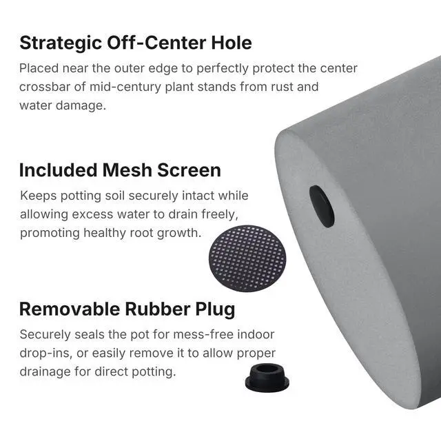 Alt view image 2 of 7 - 14 Inch Fiberstone Planter - Lightweight Modern Cylinder Plant Pot with Drainage Hole & Plug, Authentic Concrete Look, Gray