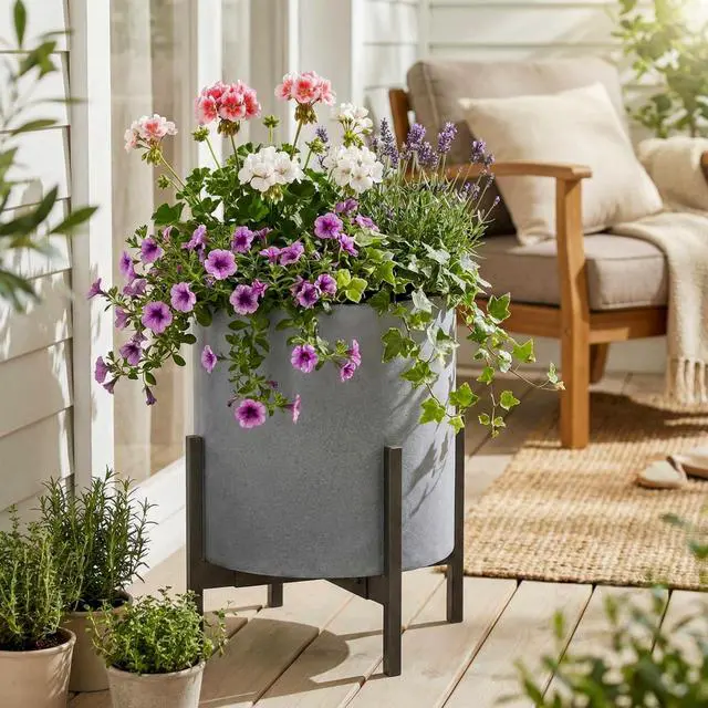 Alt view image 5 of 7 - 14 Inch Fiberstone Planter - Lightweight Modern Cylinder Plant Pot with Drainage Hole & Plug, Authentic Concrete Look, Gray