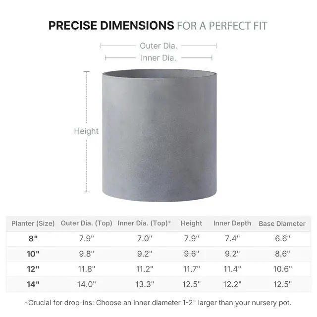 Alt view image 3 of 7 - 14 Inch Fiberstone Planter - Lightweight Modern Cylinder Plant Pot with Drainage Hole & Plug, Authentic Concrete Look, Gray