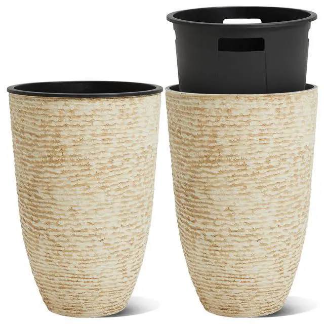 Main image of Garden 21" H Beige Tall Planters set of 2 with Inside Pots - 14'' Dia Plastic Large Round Plant Tree Pots with Drain Hole - Decorative Imitation Stone Finish for Indoor Outdoor Front Porch Patio