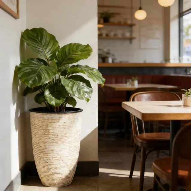 Alt view image 2 of 7 - Garden 21" H Beige Tall Planters set of 2 with Inside Pots - 14'' Dia Plastic Large Round Plant Tree Pots with Drain Hole - Decorative Imitation Stone Finish for Indoor Outdoor Front Porch Patio