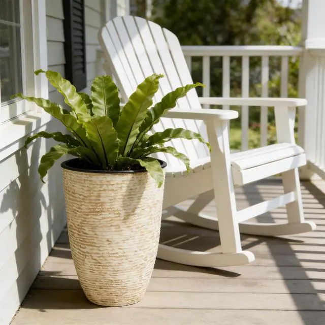 Alt view image 3 of 7 - Garden 21" H Beige Tall Planters set of 2 with Inside Pots - 14'' Dia Plastic Large Round Plant Tree Pots with Drain Hole - Decorative Imitation Stone Finish for Indoor Outdoor Front Porch Patio