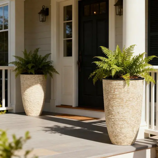 Alt view image 4 of 7 - Garden 21" H Beige Tall Planters set of 2 with Inside Pots - 14'' Dia Plastic Large Round Plant Tree Pots with Drain Hole - Decorative Imitation Stone Finish for Indoor Outdoor Front Porch Patio