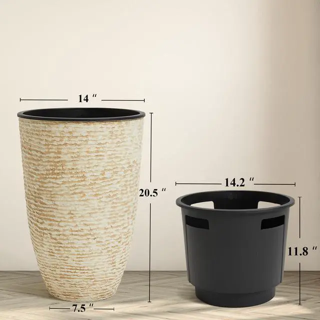 Alt view image 6 of 7 - Garden 21" H Beige Tall Planters set of 2 with Inside Pots - 14'' Dia Plastic Large Round Plant Tree Pots with Drain Hole - Decorative Imitation Stone Finish for Indoor Outdoor Front Porch Patio
