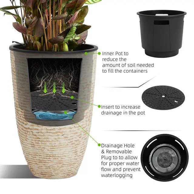 Alt view image 5 of 7 - Garden 21" H Beige Tall Planters set of 2 with Inside Pots - 14'' Dia Plastic Large Round Plant Tree Pots with Drain Hole - Decorative Imitation Stone Finish for Indoor Outdoor Front Porch Patio