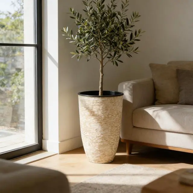 Alt view image 7 of 7 - Garden 21" H Beige Tall Planters set of 2 with Inside Pots - 14'' Dia Plastic Large Round Plant Tree Pots with Drain Hole - Decorative Imitation Stone Finish for Indoor Outdoor Front Porch Patio